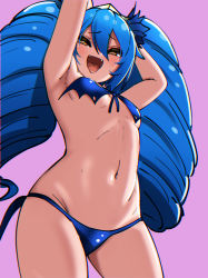 Rule 34 | 1girl, absurdres, bikini, blue hair, bombergirl, breasts, drill hair, fang, highres, lewisia aquablue, myojin sub, navel, open mouth, small breasts, solo, swimsuit