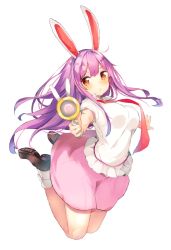 Rule 34 | 1girl, animal ears, blush, full body, gun, long hair, looking at viewer, lunatic gun, necktie, outstretched arms, puffy sleeves, purple hair, rabbit ears, red eyes, red necktie, reisen udongein inaba, shirt, shoes, short sleeves, simple background, skirt, socks, solo, touhou, weapon, white background, white socks, yukizumi remon