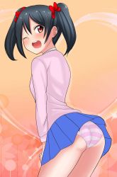 Rule 34 | 10s, 1girl, ;d, ass, bad id, bad pixiv id, black hair, blue skirt, bow, cowboy shot, from behind, gradient background, hair bow, highres, long sleeves, looking back, love live!, love live! school idol project, miniskirt, one eye closed, open mouth, otonokizaka school uniform, panties, pantyshot, pink panties, pink sweater, pleated skirt, red bow, red eyes, round teeth, school uniform, short hair, short twintails, skirt, smile, solo, standing, striped clothes, striped panties, sweater, tareme, teeth, thighs, twintails, underwear, yazawa nico