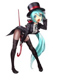 Rule 34 | 1girl, aqua eyes, aqua hair, bad id, bad pixiv id, bent over, black hat, blouse, boots, cane, center frills, collared shirt, fishnet pantyhose, fishnets, frills, gloves, hat, hatsune miku, leaning forward, long hair, magician, miracle paint (vocaloid), nakasaki hydra, open mouth, pantyhose, ponytail, project diva, project diva (series), shirt, simple background, solo, thigh boots, thighhighs, top hat, very long hair, vocaloid, white background, white shirt