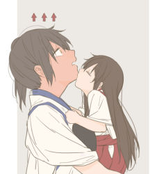 Rule 34 | 10s, 2girls, age difference, aged down, ahn, akagi (kancolle), arrow (symbol), blush, brown eyes, brown hair, carrying, child, chin kiss, closed eyes, female focus, full-face blush, full-head blush, japanese clothes, kaga (kancolle), kantai collection, kiss, long hair, looking up, multiple girls, muneate, neck, onee-loli, open mouth, pulling, red skirt, short hair, short sleeves, side ponytail, skirt, straight hair, surprised, translation request, upper body, wide sleeves, yuri