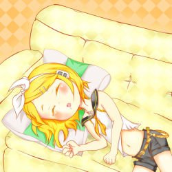 Rule 34 | 1girl, black pants, blonde hair, blush, bow, couch, drooling, closed eyes, fuu maumau, hair bow, headphones, kagamine rin, lying, navel, on side, open mouth, pants, pillow, shirt, sleeping, solo, vocaloid, white shirt