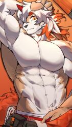 Rule 34 | 1boy, abs, arknights, arm behind head, bara, biceps, chinese commentary, colored tips, commentary request, furry, furry male, horns, hung (arknights), komainu boy, komainu ears, komainu tail, looking at viewer, male focus, multicolored hair, muscular, muscular male, no nipples, orange (agnimon11803164), orange background, pectorals, single horn, topless male