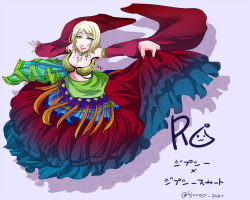 Rule 34 | 1girl, bikini, blonde hair, blue gemstone, blue skirt, breasts, closed mouth, clothes lift, commentary request, copyright name, detached sleeves, flowery peko, frilled skirt, frills, from above, full body, gem, gradient skirt, green eyes, green gemstone, gypsy (ragnarok online), jewelry, large breasts, long skirt, looking at viewer, navel, necklace, parted bangs, poring, purple background, purple gemstone, ragnarok online, red gemstone, red skirt, red sleeves, sequins, short hair, skirt, skirt lift, smile, solo, strapless, strapless bikini, swept bangs, swimsuit, translation request, wide sleeves, yellow bikini