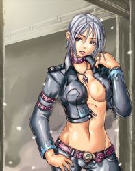 Rule 34 | 1girl, alternate costume, belt, biker clothes, blue eyes, breasts, christie (doa), collar, contrapposto, cowboy shot, cropped jacket, cross, dead or alive, hand on own hip, impossible clothes, jacket, large breasts, leather, leather jacket, lips, lipstick, makeup, midriff, nail polish, no bra, no panties, open fly, short hair, sideboob, solo, standing, studded collar, tecmo, u-kichi, unzipped, white hair