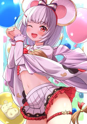 Rule 34 | 1girl, ;d, animal ears, balloon, blush, bow, commentary request, crop top, frilled skirt, frills, granblue fantasy, hair ornament, hairclip, hands up, heart, hekomii, highres, interlocked fingers, long sleeves, looking at viewer, midriff, mouse ears, navel, one eye closed, open mouth, own hands clasped, own hands together, pleated skirt, red bow, red eyes, shirt, skirt, smile, solo, sparkle, striped, striped bow, vikala (granblue fantasy), white hair, white shirt, white skirt