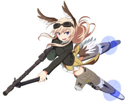 Rule 34 | 1girl, animal ears, bird ears, bird tail, black jacket, blonde hair, blue eyes, commentary, flying, goggles, goggles on head, gun, hanna-justina marseille, head wings, holding, holding gun, holding weapon, jacket, long hair, long sleeves, looking at viewer, machine gun, mg 34, military, military uniform, miniskirt, nanashino, no pants, open mouth, pleated skirt, simple background, skirt, smile, solo, strike witches, striker unit, tail, uniform, weapon, white background, white skirt, wind, wings, witches of africa, world witches series