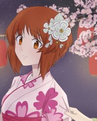 Rule 34 | 2girls, brown eyes, brown hair, cherry blossoms, commentary, floral print kimono, flower, girls und panzer, hair flower, hair ornament, hand on another&#039;s arm, highres, itsumi erika, japanese clothes, kimono, lantern, looking at another, multiple girls, nekounko, night, night sky, nishizumi miho, paper lantern, pink kimono, short hair, sky