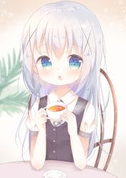 Rule 34 | 1girl, black tea, black vest, blue eyes, blurry, blurry background, blush, chair, chestnut mouth, collared shirt, commentary request, cup, depth of field, elbows on table, gochuumon wa usagi desu ka?, hair between eyes, hair ornament, hands up, highres, holding, holding cup, kafuu chino, long hair, necktie, open mouth, plaid necktie, plaid neckwear, puffy short sleeves, puffy sleeves, rin (fuwarin), saucer, school uniform, shirt, short sleeves, silver hair, sitting, solo, table, tea, teacup, tedeza rize&#039;s school uniform, upper body, very long hair, vest, white shirt, x hair ornament