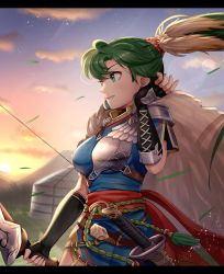 Rule 34 | 1girl, bow (weapon), breasts, earrings, fingerless gloves, fire emblem, fire emblem: the blazing blade, fire emblem heroes, fur trim, gloves, gonzarez, green eyes, green hair, grin, high ponytail, highres, jewelry, long hair, lyn (fire emblem), medium breasts, nintendo, pelvic curtain, ponytail, side slit, smile, solo, standing, sword, weapon