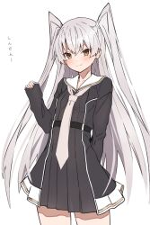 Rule 34 | 1girl, alternate costume, amatsukaze (kancolle), black dress, blush, brown eyes, closed mouth, commentary request, dress, grey hair, highres, kantai collection, long sleeves, necktie, school uniform, simple background, smile, solo, standing, takanashi kei (hitsujikan), thighs, two side up, white background, white necktie