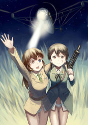 Rule 34 | 2girls, aircraft, airplane, arm around shoulder, bandage over one eye, bandages, blood, blue eyes, brown eyes, brown hair, browning automatic rifle, charlotte e. yeager, dark, gertrud barkhorn, grass, gun, gun sling, hair ribbon, helicopter, highres, injury, kanokoga, long hair, looking up, machine gun, multiple girls, necktie, night, night sky, ribbon, searchlight, sky, spotlight, star (sky), strike witches, twintails, waving, weapon, world witches series