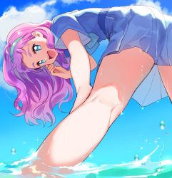 Rule 34 | 1girl, :d, belt, bent over, blue eyes, cloud, hairband, laura (precure), legs, long hair, looking back, open mouth, pink hair, precure, skirt, sky, smile, solo, sparkle, tere, tropical-rouge! precure, wading, water, wet, wet clothes