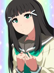 Rule 34 | 1girl, aqua eyes, artist name, artist request, beamed quavers, black hair, blunt bangs, blush, breasts, buttons, clenched hands, close-up, collarbone, doki2sdale, female focus, green eyes, green neckerchief, green necktie, grey sailor collar, grey skirt, hair ornament, hairclip, highres, kurosawa dia, long hair, long sleeves, looking at viewer, love live!, love live! sunshine!!, medium breasts, mole, mole under mouth, neckerchief, necktie, parted lips, quaver, sailor collar, school uniform, skirt, small breasts, smile, solo, sparkle, sweater, tie clip, upper body, uranohoshi school uniform, yellow sweater