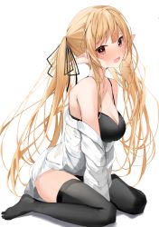 Rule 34 | 1girl, absurdres, between legs, black bra, black thighhighs, blonde hair, blush, bra, breasts, cleavage, clothes pull, commentary, diamond-shaped pupils, diamond (shape), fang, full body, hair ribbon, hand between legs, highres, long hair, looking at viewer, medium breasts, nephthys2356, open mouth, original, pointy ears, red eyes, ribbon, shirt, shirt down, shirt pull, simple background, sitting, skin fang, solo, symbol-only commentary, symbol-shaped pupils, thighhighs, twintails, underwear, wariza, white background, white shirt