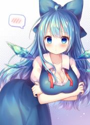 Rule 34 | 1girl, aged up, alternate breast size, alternate hairstyle, blue bow, blue dress, blue eyes, blue hair, blush, bow, breasts, cirno, cleavage, closed mouth, coa (chroo x), crossed arms, dress, hair bow, ice, ice wings, large breasts, long hair, looking at viewer, neck ribbon, red neckwear, shirt, short sleeves, solo, speech bubble, spoken blush, touhou, undone neck ribbon, white shirt, wings
