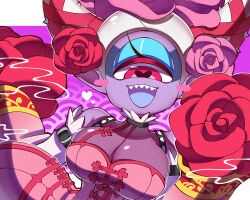 Rule 34 | 1girl, breasts, cleavage, colored skin, cyclops, detached sleeves, flower, fuumin (youkai watch), heart, heart-shaped pupils, highres, large breasts, looking at viewer, one-eyed, open mouth, pink eyes, pipiko., pointy ears, purple skin, seigaiha, sharp teeth, solo, symbol-shaped pupils, teeth, youkai (youkai watch), youkai watch