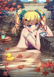 Rule 34 | 1girl, absurdres, arm support, autumn leaves, blonde hair, blue eyes, blush, breasts, cleavage, convenient censoring, dated, drinking, drinking straw, furyou michi ~gang road~, highres, legs, long hair, milk carton, mo sheng ren, nude, onsen, original, rubber duck, solo, tattoo, towel, twintails, water