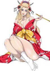 Rule 34 | 1girl, bare shoulders, black maria (one piece), blonde hair, blue eyes, breasts, cleavage, dress, highres, huge breasts, japanese clothes, kimono, large breasts, long dress, long hair, nekuraneko, one piece, red kimono, smile