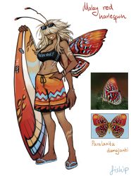 Rule 34 | 1girl, absurdres, antennae, bikini tan, blonde hair, blue footwear, bracelet, breasts, butterfly girl, butterfly wings, cleavage, extra arms, eyewear on head, facing viewer, grin, hair over eyes, hand in pocket, highres, holding, holding surfboard, insect wings, jewelry, large breasts, matilda fiship, monster girl, navel, orange shorts, original, sandals, short shorts, shorts, signature, simple background, smile, solo, standing, sunglasses, surfboard, tan, tank top, tanline, tomboy, white background, wings