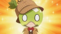 Rule 34 | 1girl, animated, animated gif, bow, bowtie, cosplay, deerstalker, dr. stone, emphasis lines, food, fruit, hat, lowres, mask, melon, o o, sherlock holmes (cosplay), snort, solo, sparkle, suika (dr. stone)