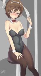 Rule 34 | 1girl, adjusting clothes, adjusting headwear, animal ears, artist name, bad id, bad twitter id, black leotard, black pantyhose, blush, bow, bowtie, breasts, brown hair, closed mouth, collar, commentary, covered navel, detached collar, fake animal ears, hand on own thigh, highleg, highleg leotard, legs, leotard, lips, looking at viewer, medium breasts, momendoufu, original, pantyhose, playboy bunny, rabbit ears, red bow, red bowtie, short hair, signature, sitting, smile, solo, strapless, strapless leotard, white collar, wrist cuffs