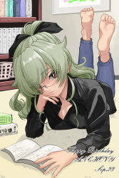 Rule 34 | 1girl, alternate costume, alternate hairstyle, anchovy (girls und panzer), barefoot, bespectacled, black ribbon, black shirt, blue pants, book, bookshelf, carpet, character name, dated, feet, girls und panzer, glasses, hair ribbon, happy birthday, head rest, highres, looking at viewer, lying, matsui yasutsugu, on floor, pants, ponytail, ribbon, shirt, solo