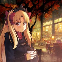 Rule 34 | 021 shiro, 2girls, absurdres, alternate costume, black jacket, blonde hair, blush, bow, cafe, chair, coffee, coffee cup, commentary request, cup, disposable cup, dragon horns, earrings, ereshkigal (fate), fate/grand order, fate (series), hair bow, highres, holding, holding cup, horns, jacket, jealous, jewelry, kiyohime (fate), long hair, long sleeves, looking at viewer, multiple girls, night, no pupils, parted bangs, red bow, red eyes, red sweater, sitting, starbucks, sweatdrop, sweater, table, tearing up, tiara, tree, turtleneck, turtleneck sweater, twitter username, two side up