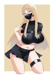 Rule 34 | absurdres, arm under breasts, black shirt, black skirt, blonde hair, border, breasts, brown eyes, covered collarbone, crop top, cropped legs, highres, large breasts, leaning forward, long hair, looking at viewer, mask, miniskirt, mouth mask, navel, nijisanji, outside border, parted bangs, shirt, short sleeves, simple background, sister claire, sister claire (9th costume), skindentation, skirt, thigh strap, very long hair, virtual youtuber, white border, yellow background, zhait007