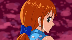 Rule 34 | 1girl, angry, bare shoulders, bow, disgust, hair bow, hair ribbon, hair tie, highres, japanese clothes, kimono, long hair, looking back, low ponytail, nami (one piece), nami (one piece) (wano), one piece, orange hair, pinkpawg, ribbon, source request, upper body