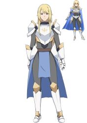 Rule 34 | 1girl, armor, blonde hair, blue cape, cape, character sheet, closed mouth, commentary, fantasy, frown, full body, hall onon, knight, long bangs, long hair, looking at viewer, original, purple eyes, saria (hall onon), shoulder armor, standing, swept bangs, white background