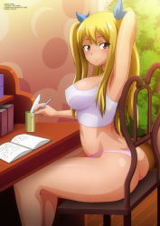 Rule 34 | 1girl, absurdres, arm behind head, arm up, ass, blonde hair, blush, book, breasts, brown eyes, chair, desk, fairy tail, hair ribbon, highres, holding, large breasts, long hair, looking at viewer, lucy heartfilia, midriff, notebook, panties, pencil, pink panties, ribbon, shirt, sitting, smile, tank top, twintails, underwear, wall, white shirt, window, writing, zel-sama