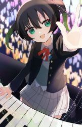 Rule 34 | 1girl, :d, absurdres, black hair, blurry, blurry background, collared shirt, commentary, english commentary, foreshortening, glowstick, green eyes, green hair, hand up, highres, looking at viewer, love live!, love live! nijigasaki high school idol club, miniskirt, multicolored hair, nagisa iori, neck ribbon, nijigasaki academy school uniform, open mouth, piano keys, plaid, plaid skirt, reaching, reaching towards viewer, red ribbon, ribbon, school uniform, shirt, skirt, smile, solo, takasaki yu, twintails, two-tone hair, white shirt, white skirt, wing collar, winter clothes