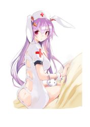 Rule 34 | 1girl, :t, alternate costume, animal, animal ears, animal on lap, ass, ass cutout, bad id, bad twitter id, blush, carrot hair ornament, clothing cutout, commentary request, cross, dress, food-themed hair ornament, hair between eyes, hair ornament, hat, highres, long hair, looking at viewer, nurse, nurse cap, on lap, puffy short sleeves, puffy sleeves, purple hair, rabbit, rabbit ears, red cross, red eyes, reisen udongein inaba, short dress, short sleeves, simple background, sitting, solo, tetsurou (fe+), thighs, touhou, very long hair, white background, white dress, wrist cuffs
