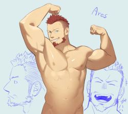 Rule 34 | 1boy, abs, ares (priapus), arm up, armpits, bara, beard, biceps, blue eyes, character name, completely nude, cowboy shot, expressions, facial hair, flexing, itto (mentaiko), large pectorals, laughing, male focus, manly, muscular, muscular male, navel, nipples, no tattoo, nude, pectorals, priapus, red hair, short hair, smile, stomach, undercut