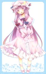 Rule 34 | 1girl, aliprojectlove, bad id, bad pixiv id, blush, capelet, crescent, dress, framed, hair ribbon, hat, long hair, long sleeves, open mouth, outside border, patchouli knowledge, pink dress, purple eyes, purple hair, ribbon, smile, solo, touhou, tress ribbon, ukita uuko, v arms, very long hair, wide sleeves