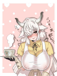 1girl animal_ears black_horns blush bow bowtie breasts brown_bow brown_bowtie brown_eyes brown_ribbon cup dress extra_ears gloves grey_horns hair_over_one_eye highres horns huge_breasts implied_lactation kemono_friends kemono_friends_3 long_hair looking_at_viewer multicolored_horns ox_ears ox_girl ox_horns ox_tail ribbon shirt shivuakichi short_sleeves smile solo tail teacup translated twintails very_long_hair white_hair yak_(kemono_friends) yellow_shirt