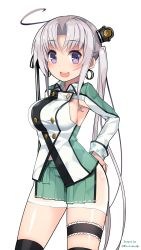 Rule 34 | 10s, 1girl, 2015, :d, ahoge, akitsushima (kancolle), aqua skirt, blush, breasts, cowboy shot, dated, earrings, female focus, hair intakes, hair ornament, hair ribbon, hand on own hip, highres, jewelry, kantai collection, kuro chairo no neko, large breasts, light purple hair, long hair, long sleeves, miniskirt, open mouth, paw print, pleated skirt, purple eyes, ribbon, side ponytail, sideboob, simple background, skirt, smile, solo, thigh strap, thighhighs, twitter username, very long hair, white background, zettai ryouiki
