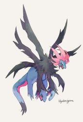 Rule 34 | black sclera, character name, colored sclera, commentary request, creatures (company), fangs, full body, game freak, gen 5 pokemon, highres, hydreigon, multiple heads, nigiri (ngr24), nintendo, no humans, open mouth, pink eyes, pokemon, pokemon (creature), simple background, solo, tongue, white background