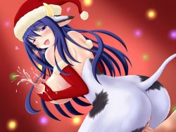 Rule 34 | 1girl, animal ears, blue hair, breasts, censored, christmas, covered erect nipples, cow ears, cow tail, elbow gloves, from behind, fur, girl on top, gloves, groping, hat, highres, horns, huge breasts, lactation, long hair, looking back, milk, monster, monster girl, nipples, open mouth, purple eyes, santa hat, sex, smile, tada boy, tail, teeth, vaginal