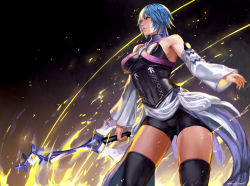 Rule 34 | 1girl, aqua (kingdom hearts), bare shoulders, bike shorts, black thighhighs, blue eyes, blue hair, breasts, closed mouth, corset, cowboy shot, detached sleeves, fire, from below, gloves, keyblade, kingdom hearts, kingdom hearts birth by sleep, legs apart, lips, matching hair/eyes, rejean dubois, short hair, solo, standing, thighhighs, thighs