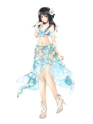 Rule 34 | 1girl, bikini, black hair, bracelet, breasts, chain paradox, flower, full body, hair flower, hair ornament, hand up, high heels, highres, jewelry, kirisita, long hair, miyagino kyouka, navel, open shoes, seashell, see-through, shell, small breasts, solo, starfish, swimsuit, toeless footwear, toes, transparent background