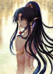 Rule 34 | androgynous, armlet, ashura (rg veda), back, black hair, earrings, forehead jewel, high ponytail, highres, jewelry, lips, long hair, looking at viewer, necklace, nenono, nude, parted lips, pointy ears, rg veda, solo, upper body, wading, water, yellow eyes