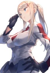 Rule 34 | 10s, 1girl, alternate hairstyle, bad id, bad twitter id, black gloves, blonde hair, breasts, capelet, colored eyelashes, from below, gloves, graf zeppelin (kancolle), grey eyes, hair between eyes, impossible clothes, kantai collection, large breasts, lips, long hair, looking away, military, military uniform, necktie, no headwear, ponytail, red necktie, sidelocks, solo, tsurime, uniform, upper body, yomo (majidon)