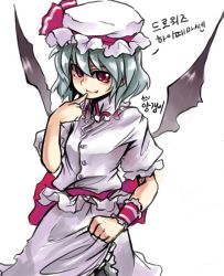 Rule 34 | 1girl, bat wings, cowboy shot, fang, fang out, female focus, hat, mob cap, remilia scarlet, simple background, solo, touhou, white background, wings