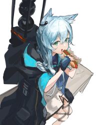Rule 34 | 1girl, animal ear fluff, animal ears, arknights, backpack, bag, black cape, blue gloves, blue hair, cape, cat ears, cat girl, detached sleeves, dress, earpiece, eating, feet out of frame, fingerless gloves, food, food on face, gloves, green eyes, hair between eyes, highres, holding, holding food, hot dog, kasumi yuzuha, ketchup, long hair, looking at viewer, rosmontis (arknights), simple background, sitting, solo, white background, white dress