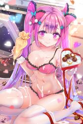 Rule 34 | 1girl, bare shoulders, blush, bow, box, bra, breasts, butterfly hair ornament, cake, chocolate, chocolate cake, cleavage, closed mouth, collarbone, commentary request, cream, cream on body, cream on face, food, food on face, frilled bow, frills, gift, gift box, hair between eyes, hair bow, hair ornament, heart, heart-shaped box, highres, holding, holding gift, houchi shoujo, indoors, jin young-in, long hair, looking at viewer, medium breasts, navel, no shoes, oven, panties, pastry bag, pink bow, pink bra, pink panties, polka dot, polka dot bra, polka dot panties, purple eyes, purple hair, red ribbon, ribbon, sidelocks, skindentation, smile, solo, strap slip, thighhighs, twintails, underwear, underwear only, very long hair, white thighhighs, wrist cuffs