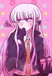 Rule 34 | 1girl, black gloves, black ribbon, blunt bangs, blush, brown necktie, collared shirt, commentary request, covering own mouth, danganronpa: trigger happy havoc, danganronpa (series), floral background, gift, gloves, grey hair, hair ribbon, hand over own mouth, hand up, holding, holding gift, jacket, kirigiri kyoko, long hair, necktie, open clothes, open jacket, pink background, pink eyes, purple jacket, ribbon, shirt, sideways glance, squiggle, tansug (tansuk88)