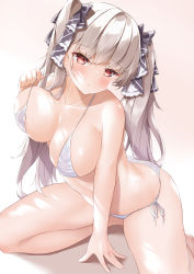 Rule 34 | 1girl, absurdres, areola slip, azur lane, bikini, black bow, blonde hair, blush, bow, breasts, classic (zildjian33), collarbone, commentary request, formidable (azur lane), frown, hair bow, hand on floor, hand up, highres, large breasts, lifting own clothes, long hair, looking at viewer, red eyes, revision, side-tie bikini bottom, simple background, sitting, solo, strap lift, swimsuit, twintails, two-tone ribbon, very long hair, wariza, white bikini, ||/