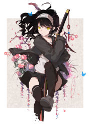 Rule 34 | 1girl, black hair, cherry blossoms, highres, katana, school uniform, solo, sword, taka, thighhighs, weapon, yellow eyes, zettai ryouiki